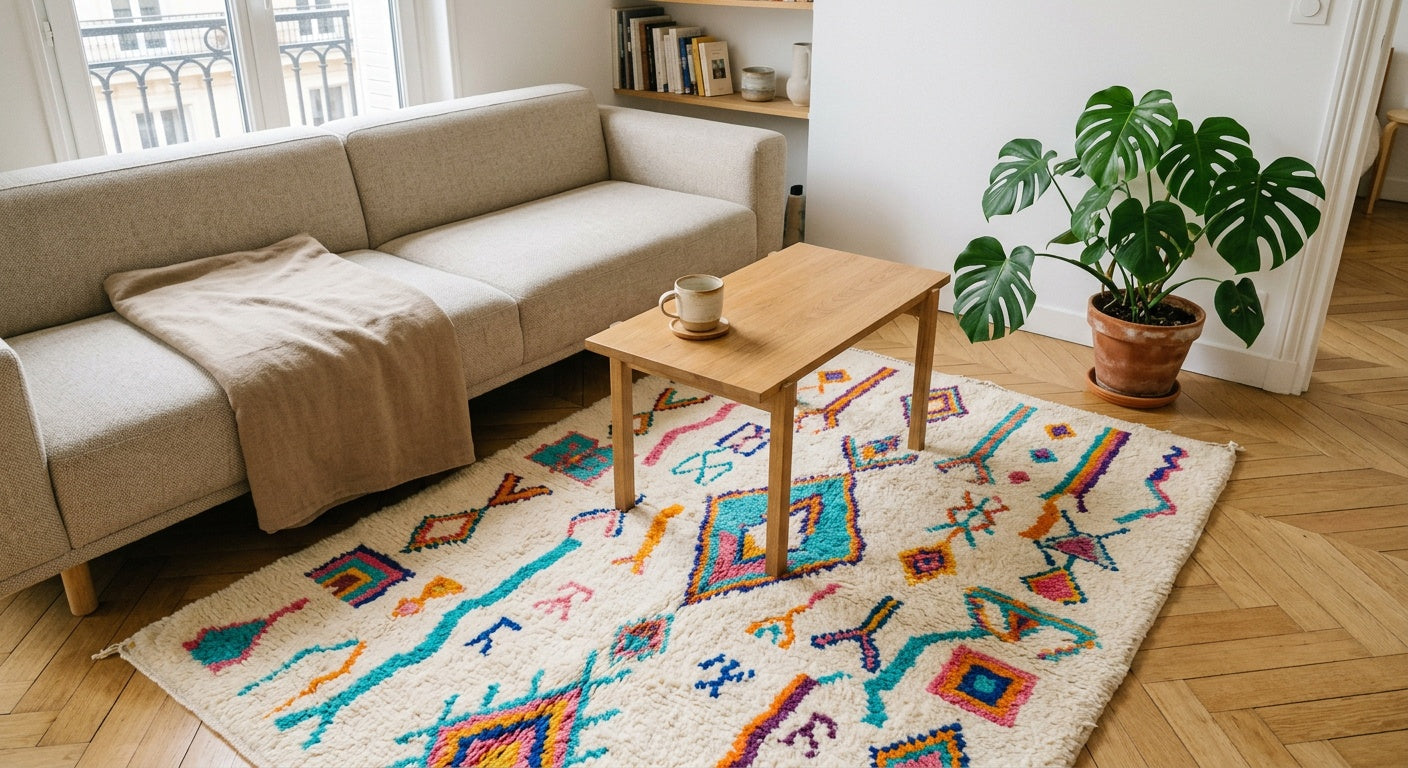 Tapis berbère Azilal coloré turquoise rose orange dans un salon français — Guide complet Azilal