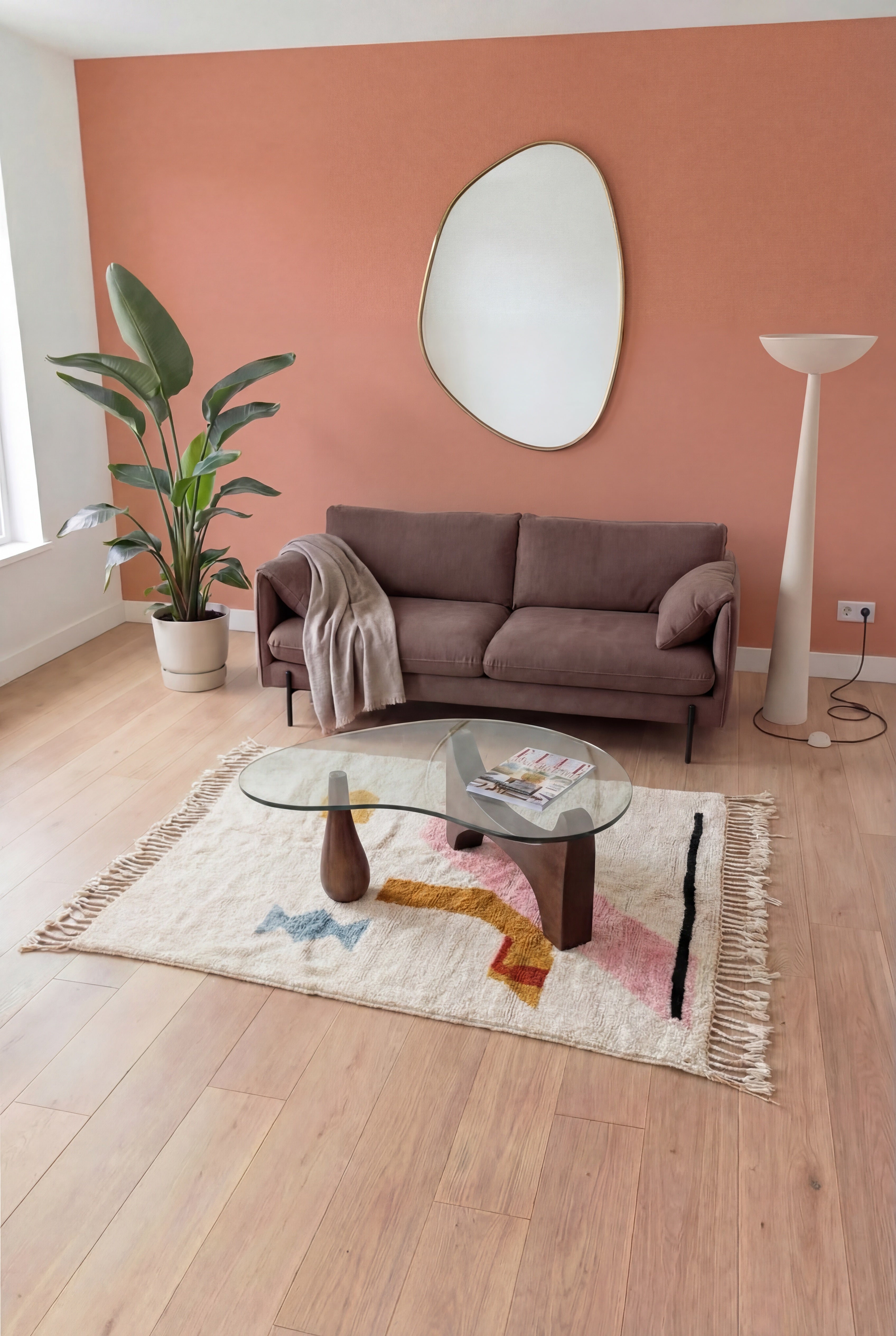 Tapis berbère marocain Azilal coloré fait main, laine et coton aux tons pastel, 147x217 cm, n2407 — mis en scène dans un salon contemporain | Tamazi