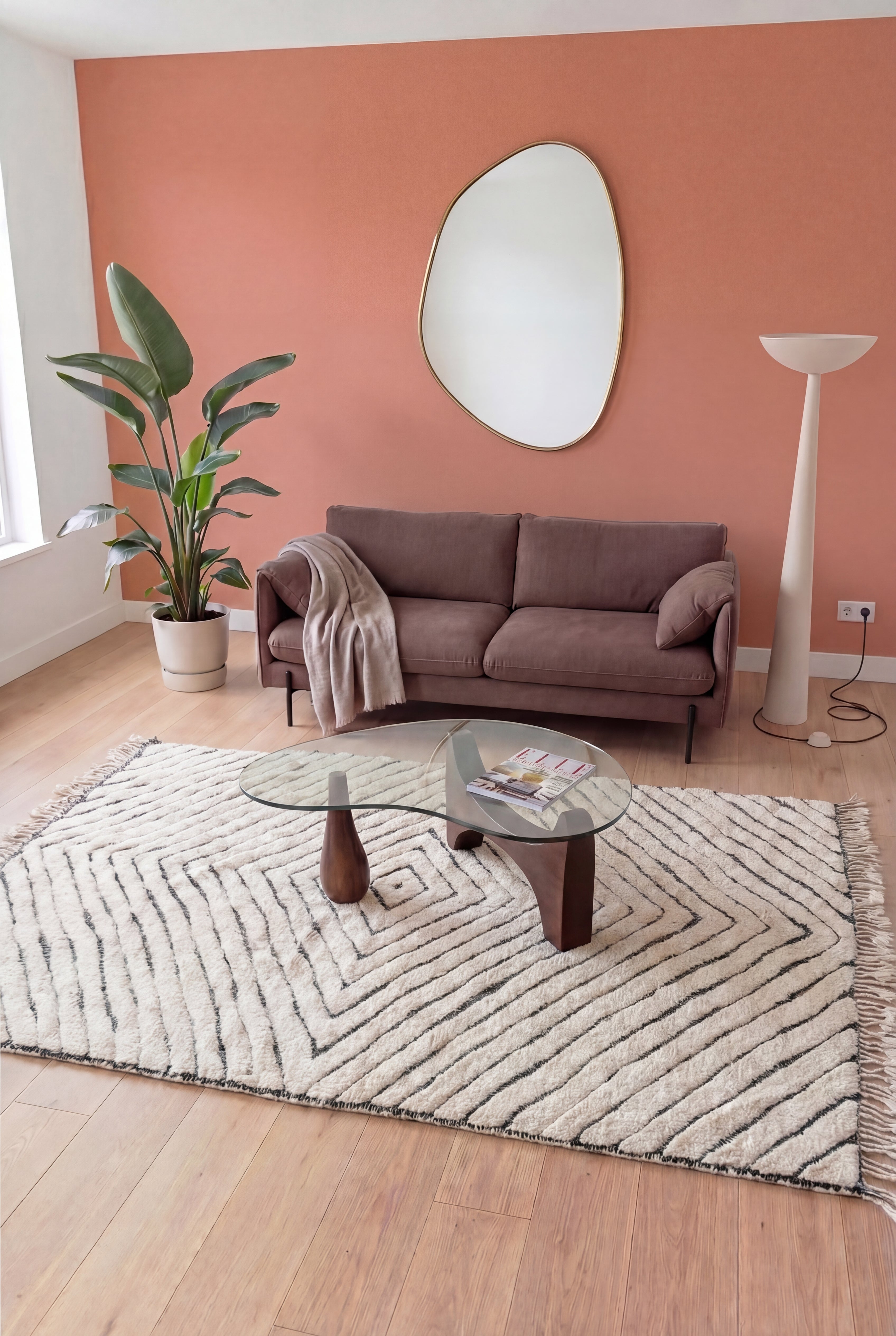 Tapis berbère marocain Beni Ouarain fait main, laine blanc et noir, 195x360 cm, n2501 — mis en scène dans un salon contemporain | Tamazi