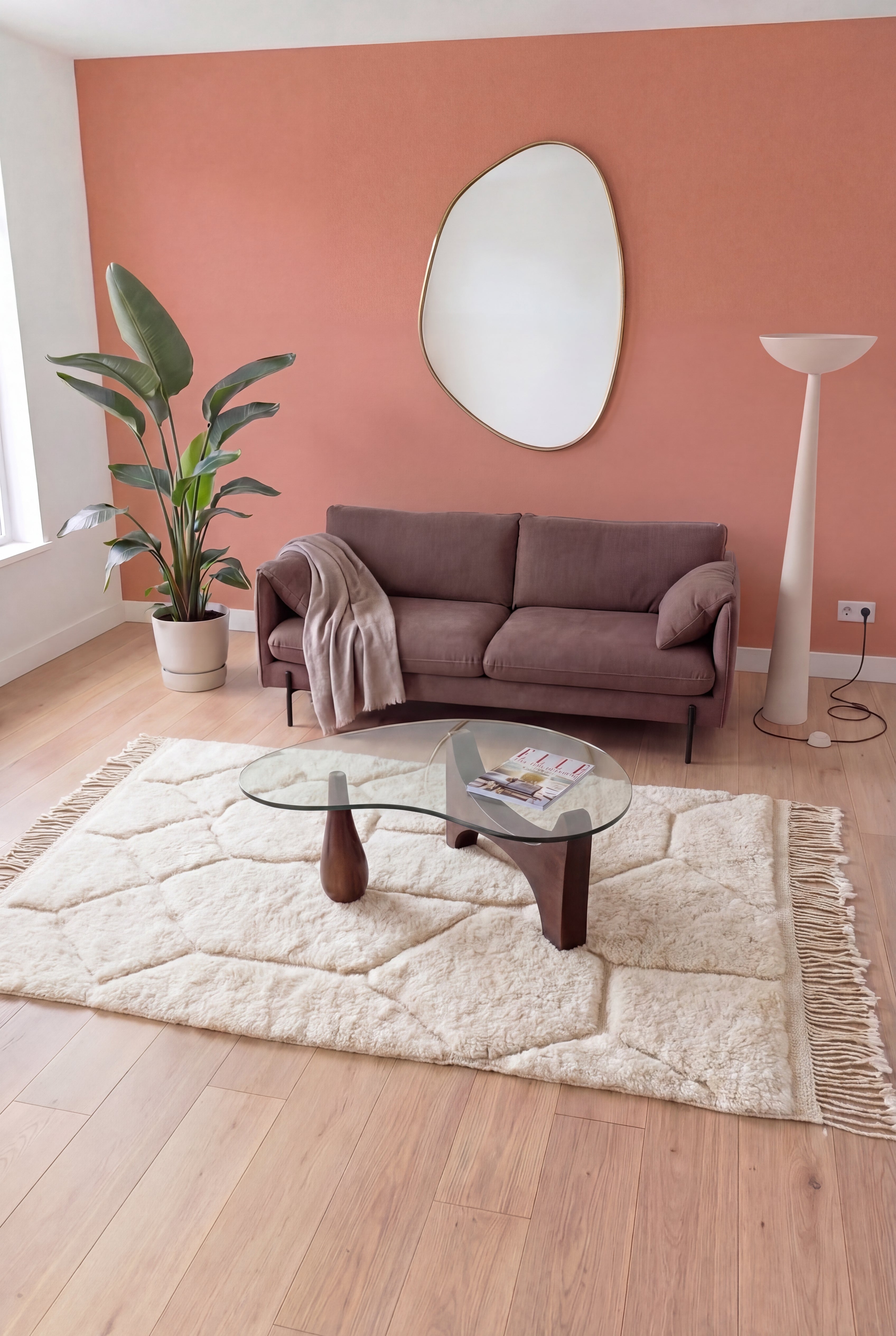 Handmade Moroccan Mrirt Berber rug, cream wool, 150x280 cm, n2599 - styled in a contemporary living room | Tamazi