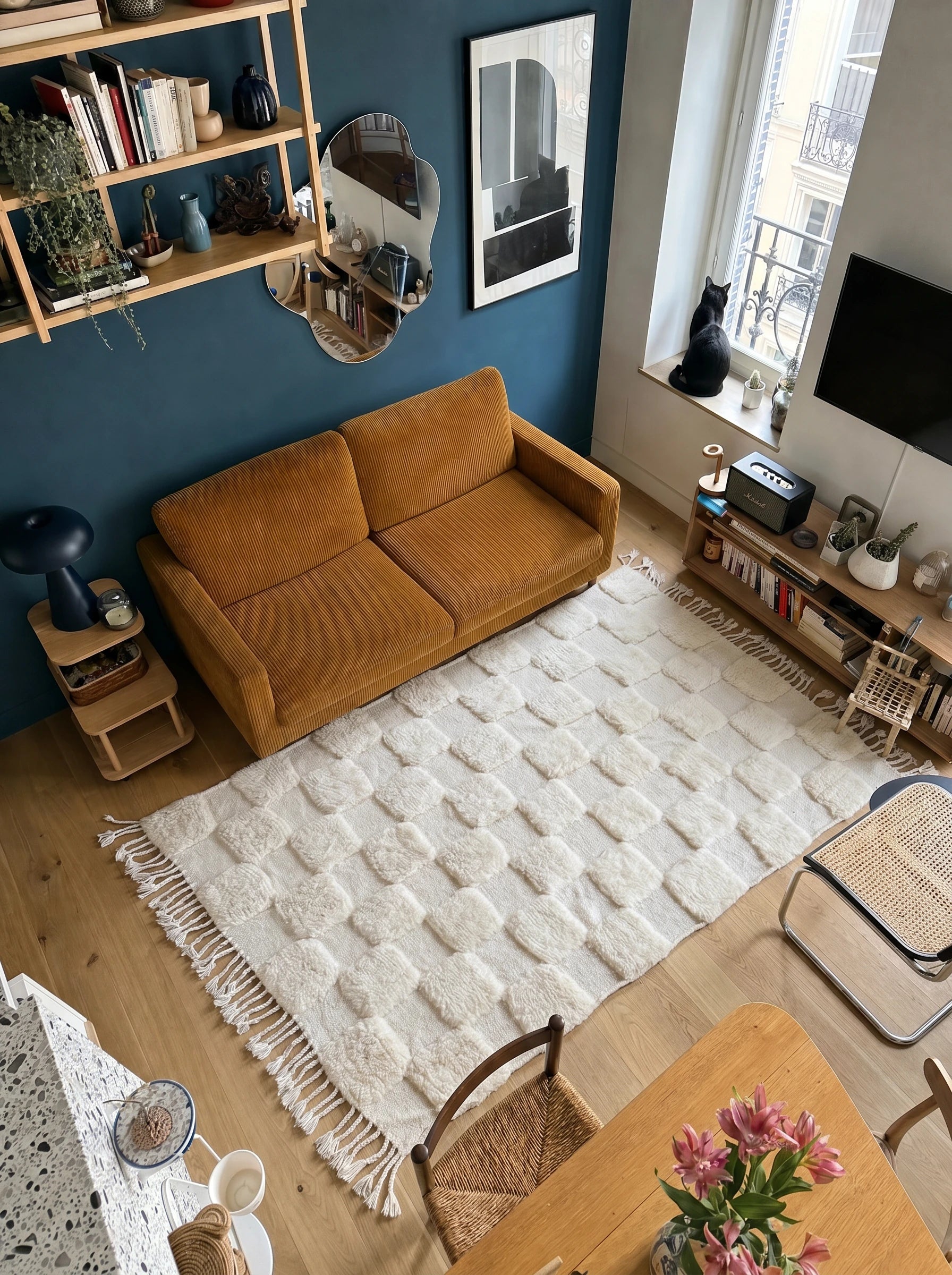 Tapis Beni Ouarain 154 x 240 cm, tapis berbère en situation dans un salon, fait main en laine | Tamazi