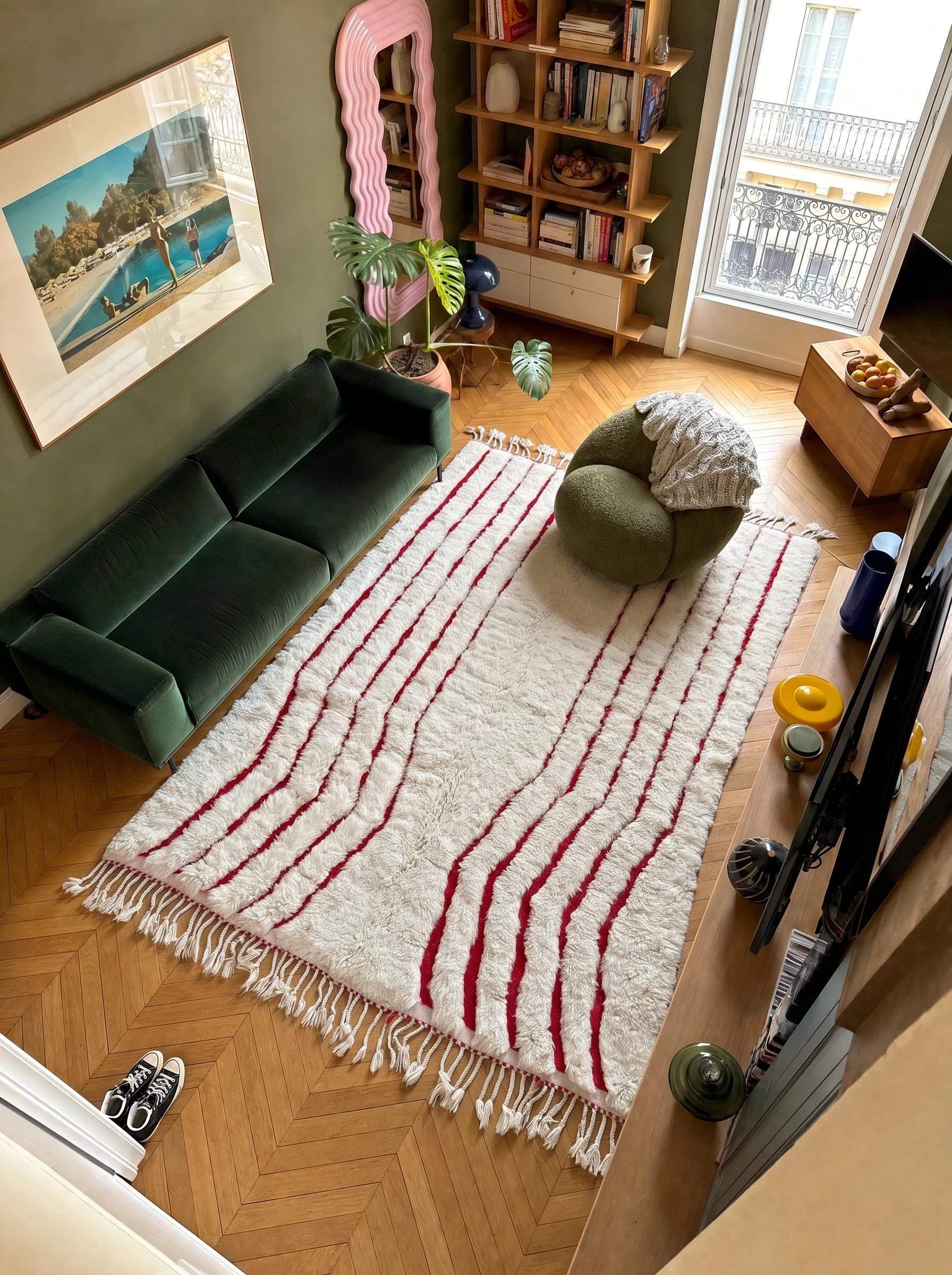 Tapis Beni Ouarain 210 x 320 cm, tapis berbère en situation dans un salon, fait main en laine | Tamazi