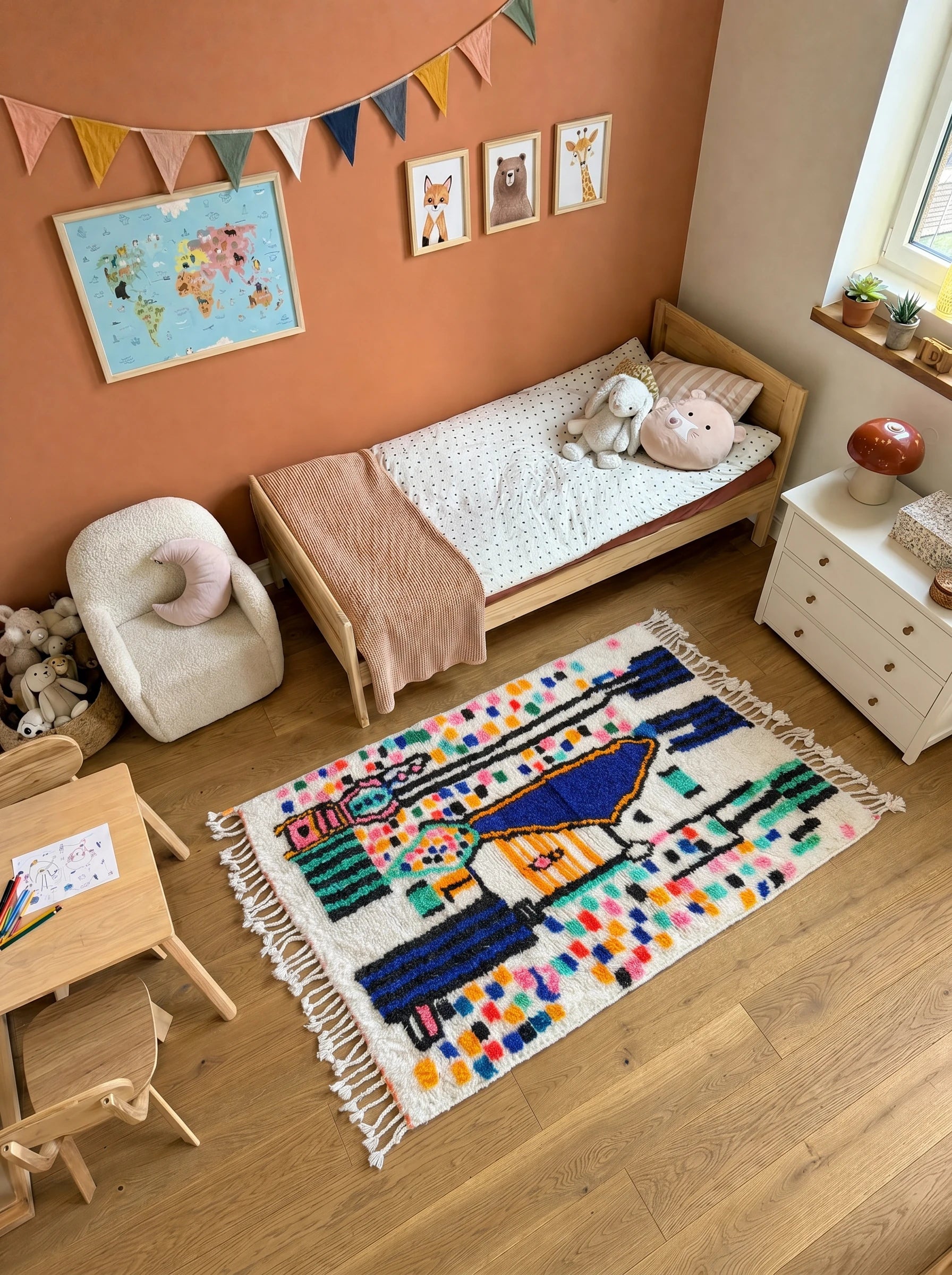 Tapis berbère coloré 102 x 171 cm en situation dans un salon, fait main en laine | Tamazi