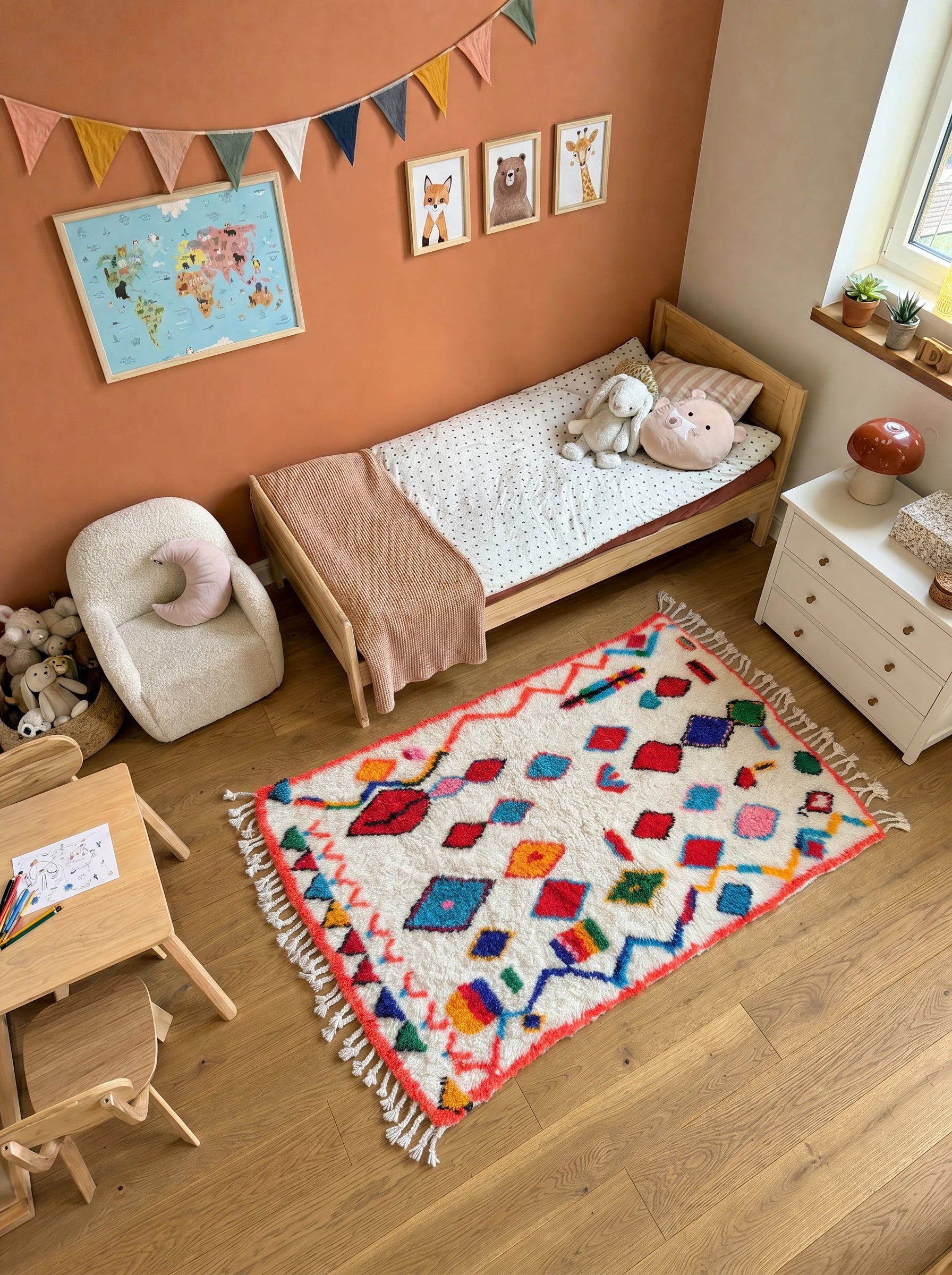 Tapis berbère coloré 104 x 176 cm en situation dans un salon, fait main en laine | Tamazi
