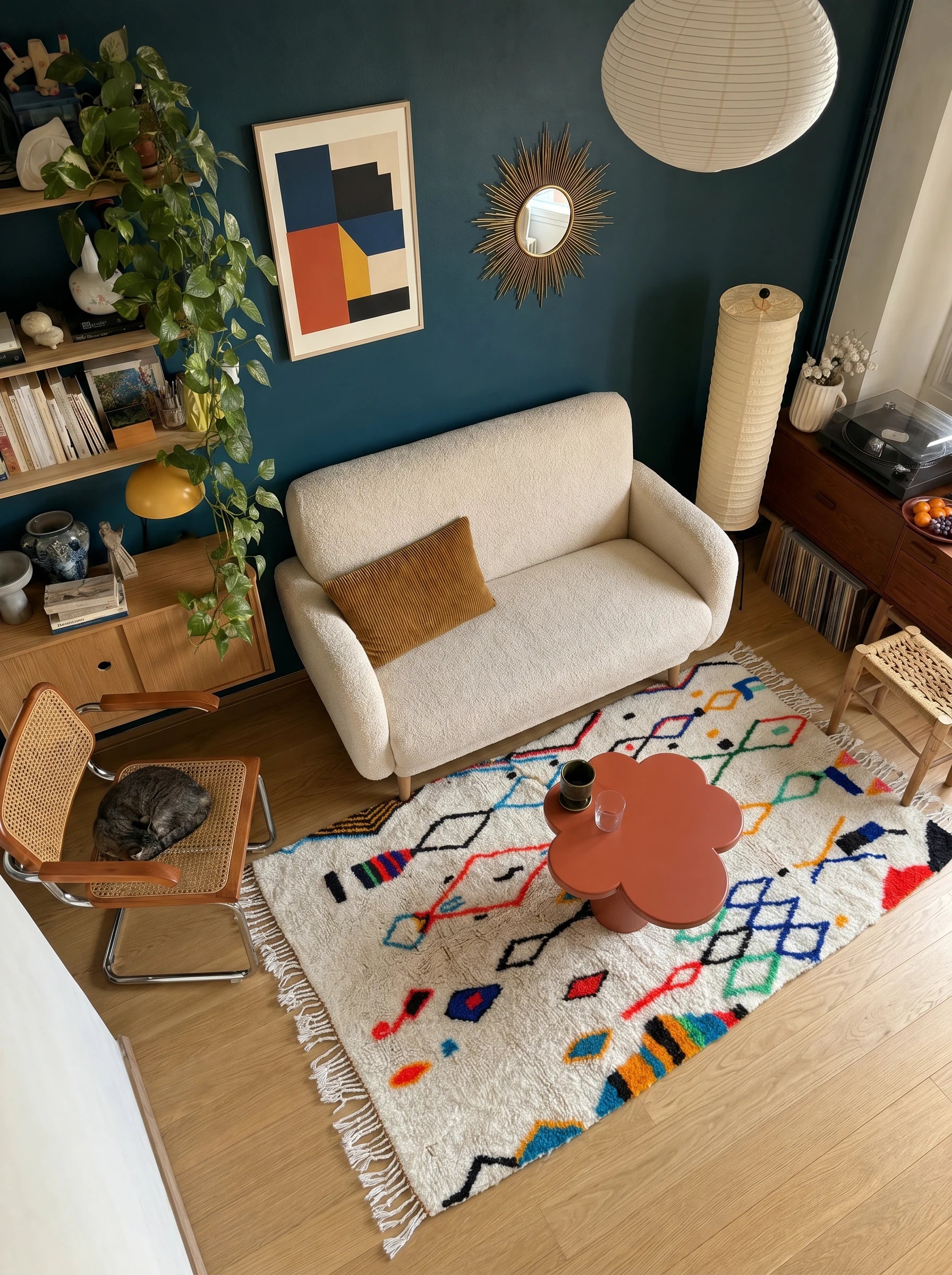Tapis berbère coloré 147 x 214 cm en situation dans un salon, fait main en laine | Tamazi