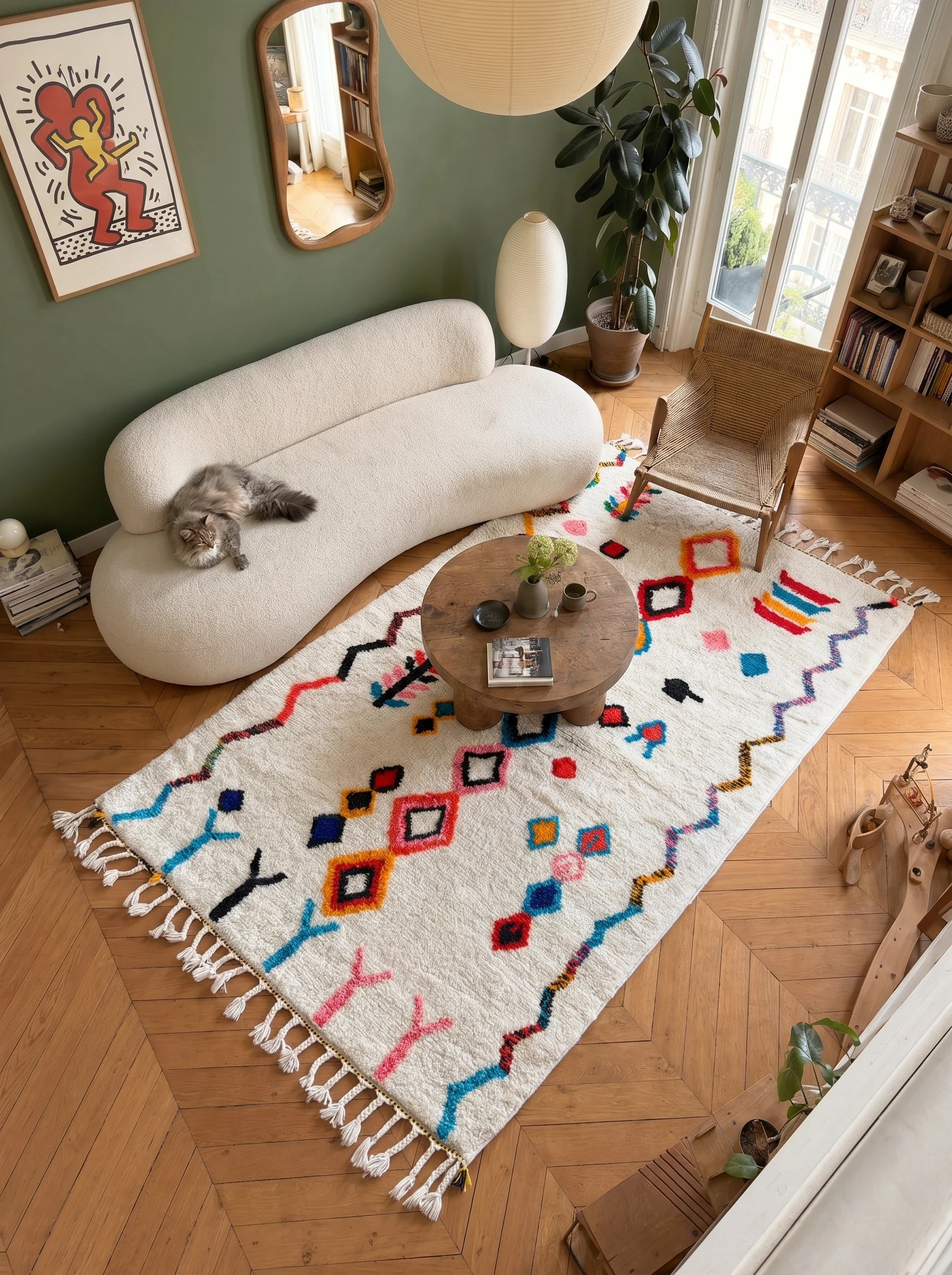 Tapis berbère coloré 148 x 269 cm en situation dans un salon, fait main en laine | Tamazi