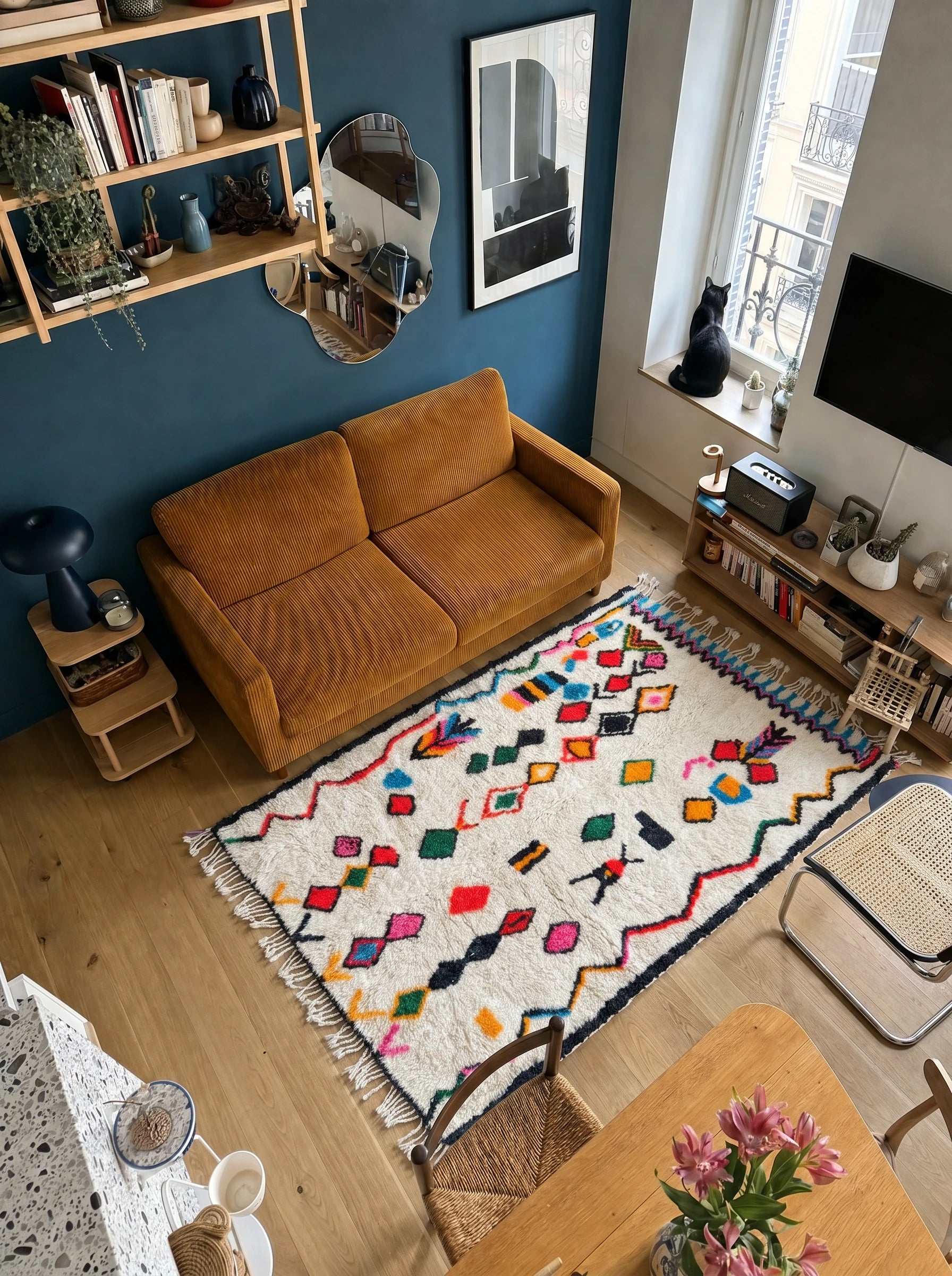 Tapis berbère coloré 151 x 221 cm en situation dans un salon, fait main en laine | Tamazi