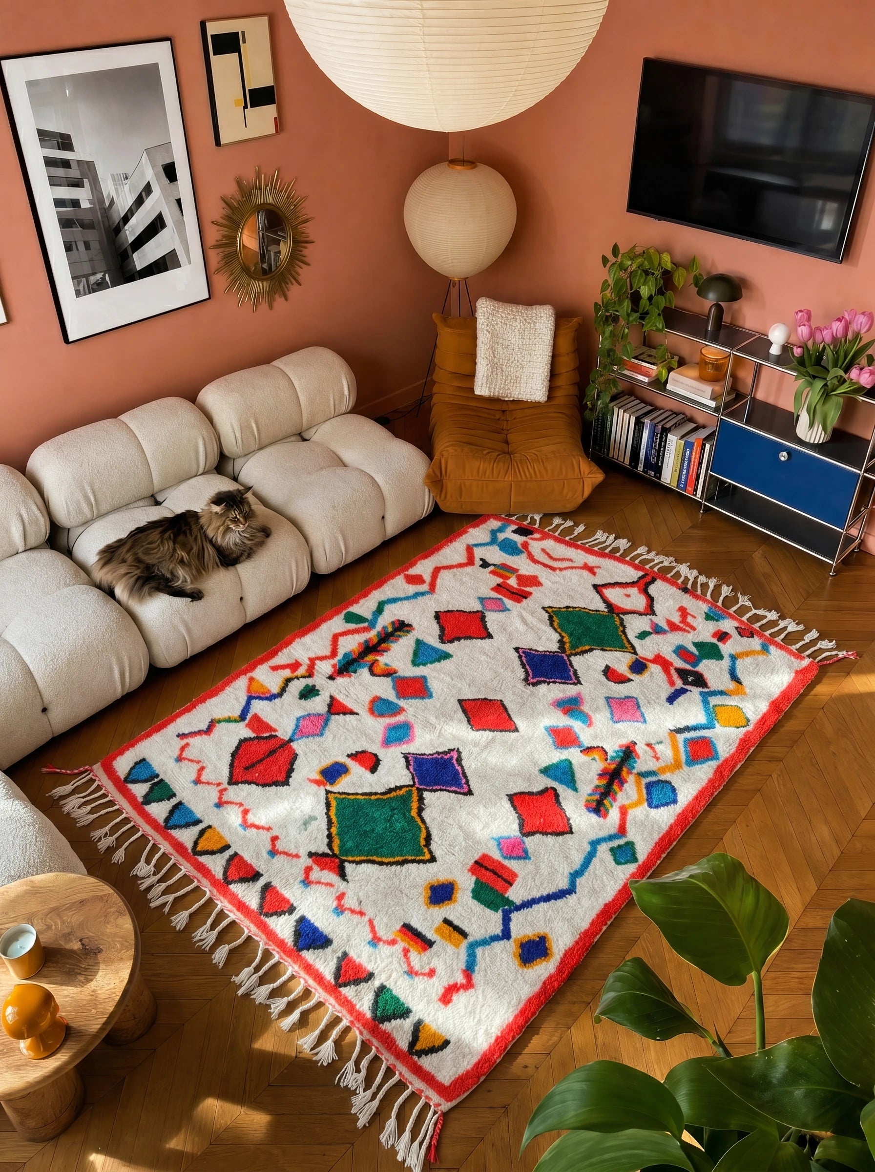 Tapis berbère coloré 154 x 241 cm en situation dans un salon, fait main en laine | Tamazi
