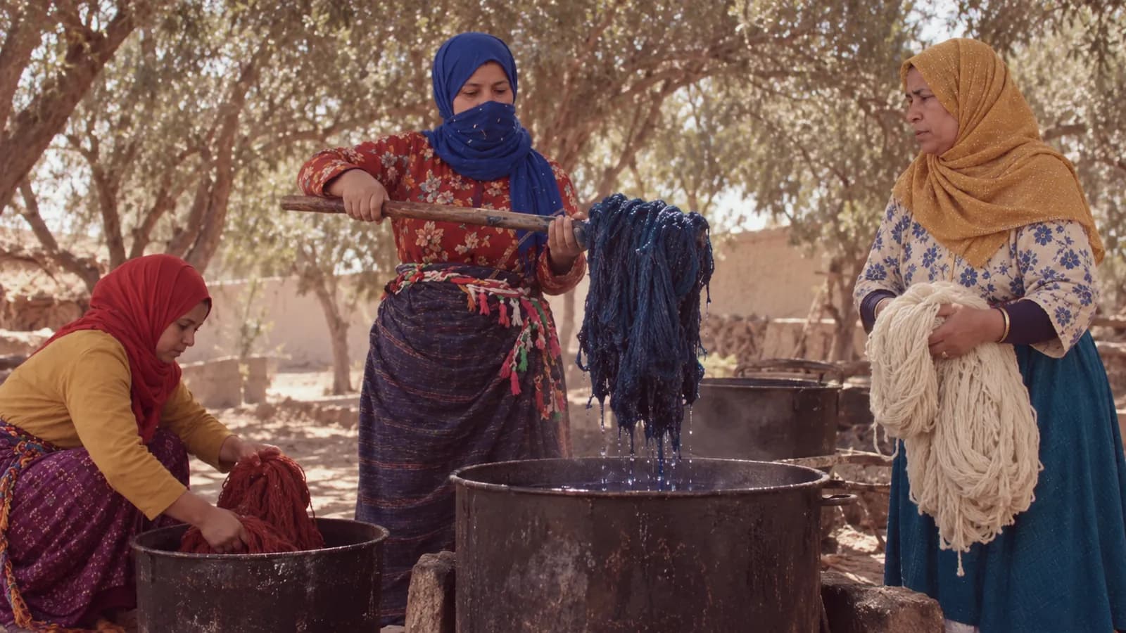 Trois artisanes marocaines teignent de la laine à la main dans de grandes cuves, à l’ombre des oliviers