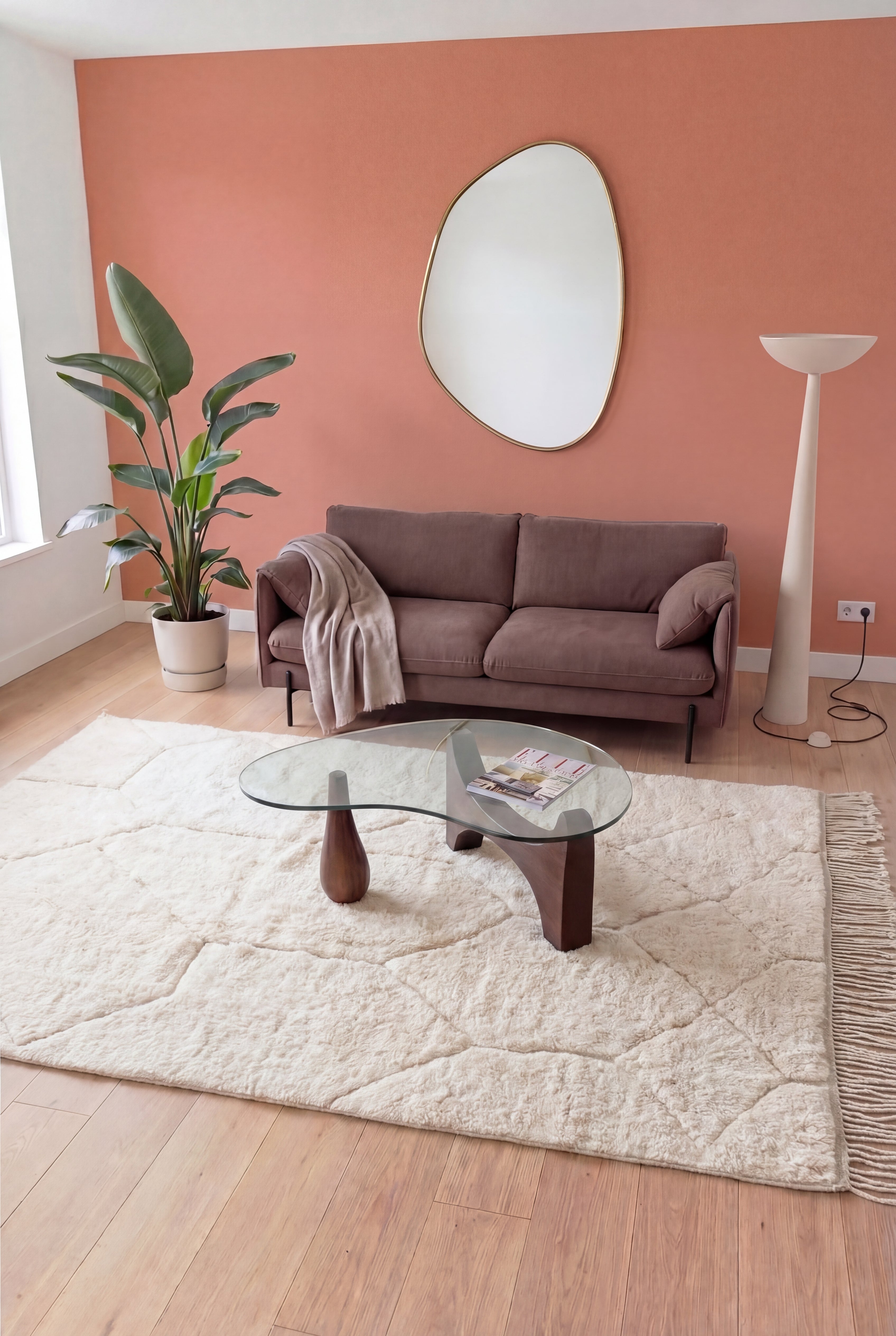 Handmade Moroccan Mrirt Berber rug, cream wool, 253x362 cm, n2546 - styled in a contemporary living room | Tamazi