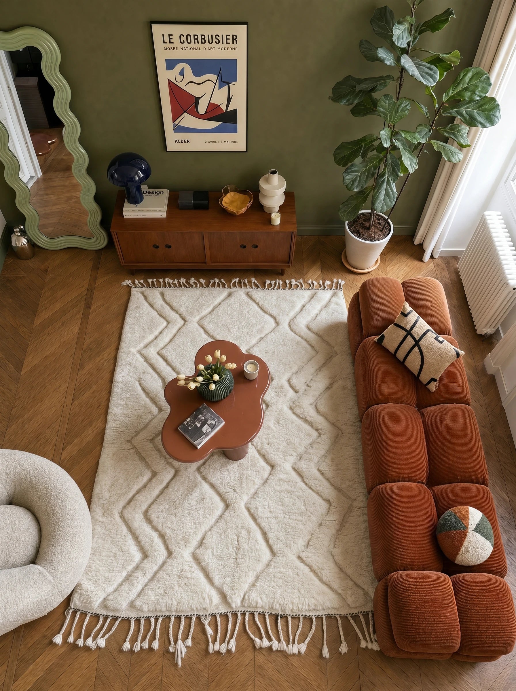 Tapis Beni Ouarain 150 x 287 cm, tapis berbère en situation dans un salon, fait main en laine | Tamazi