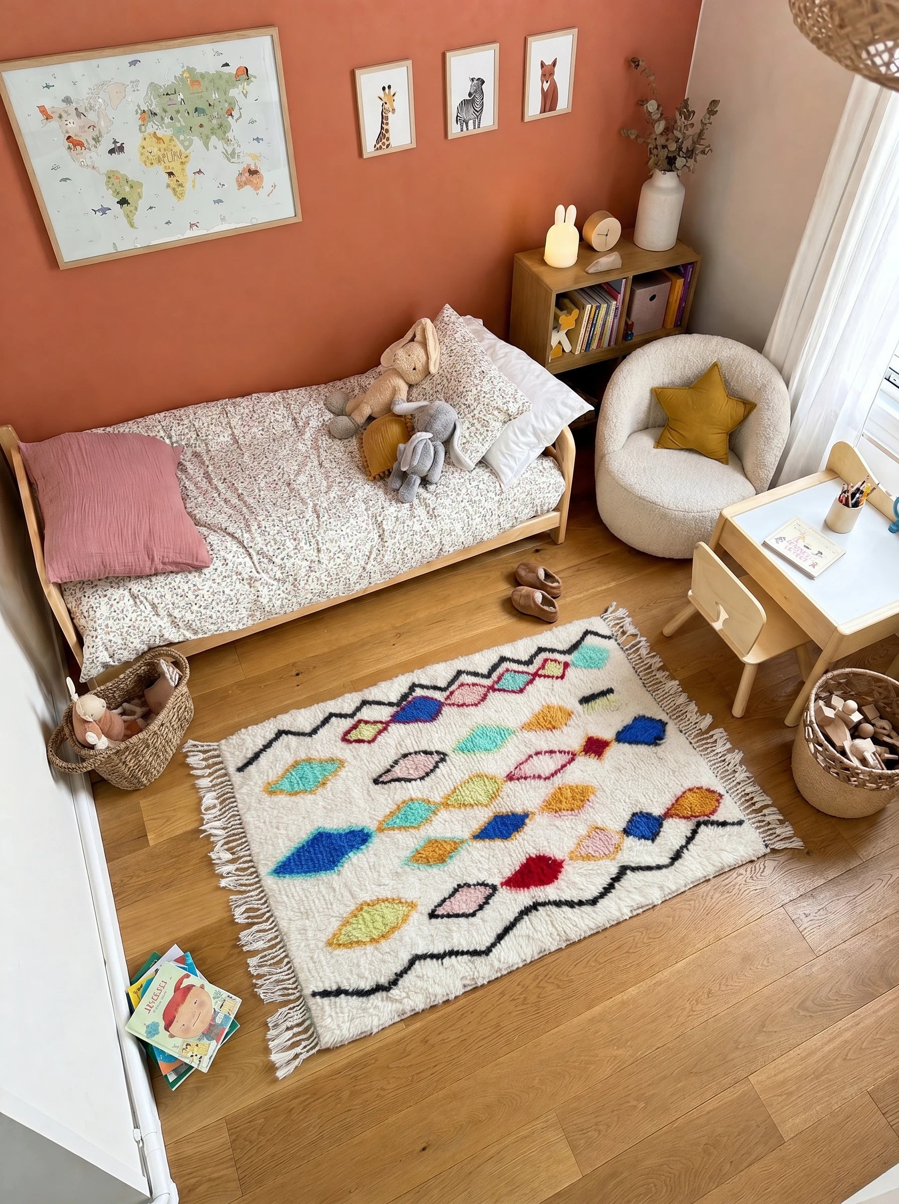 Tapis berbère coloré 112 x 167 cm en situation dans un salon, fait main en laine | Tamazi