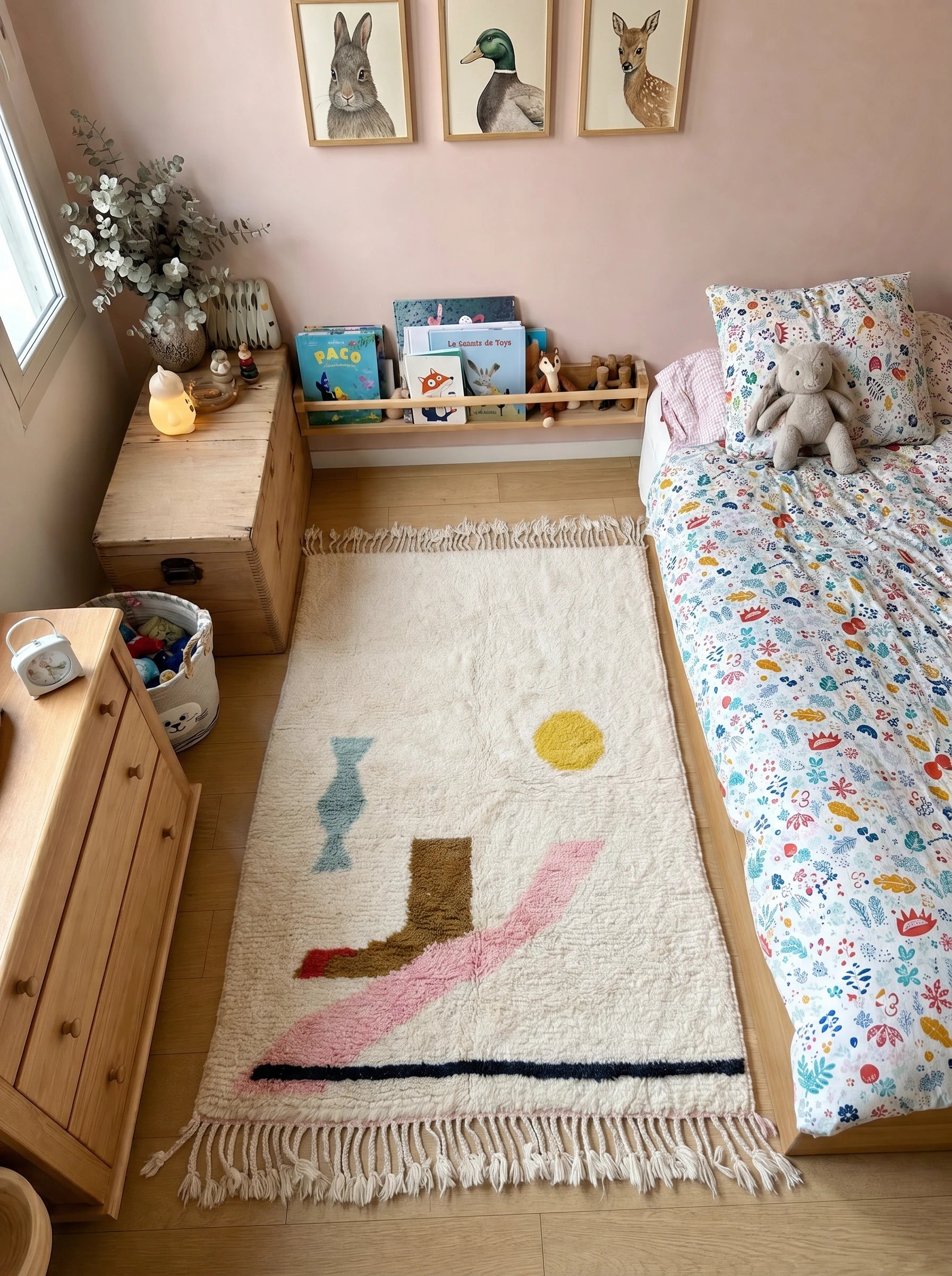 Tapis berbère coloré 123 x 197 cm en situation dans un salon, fait main en laine | Tamazi