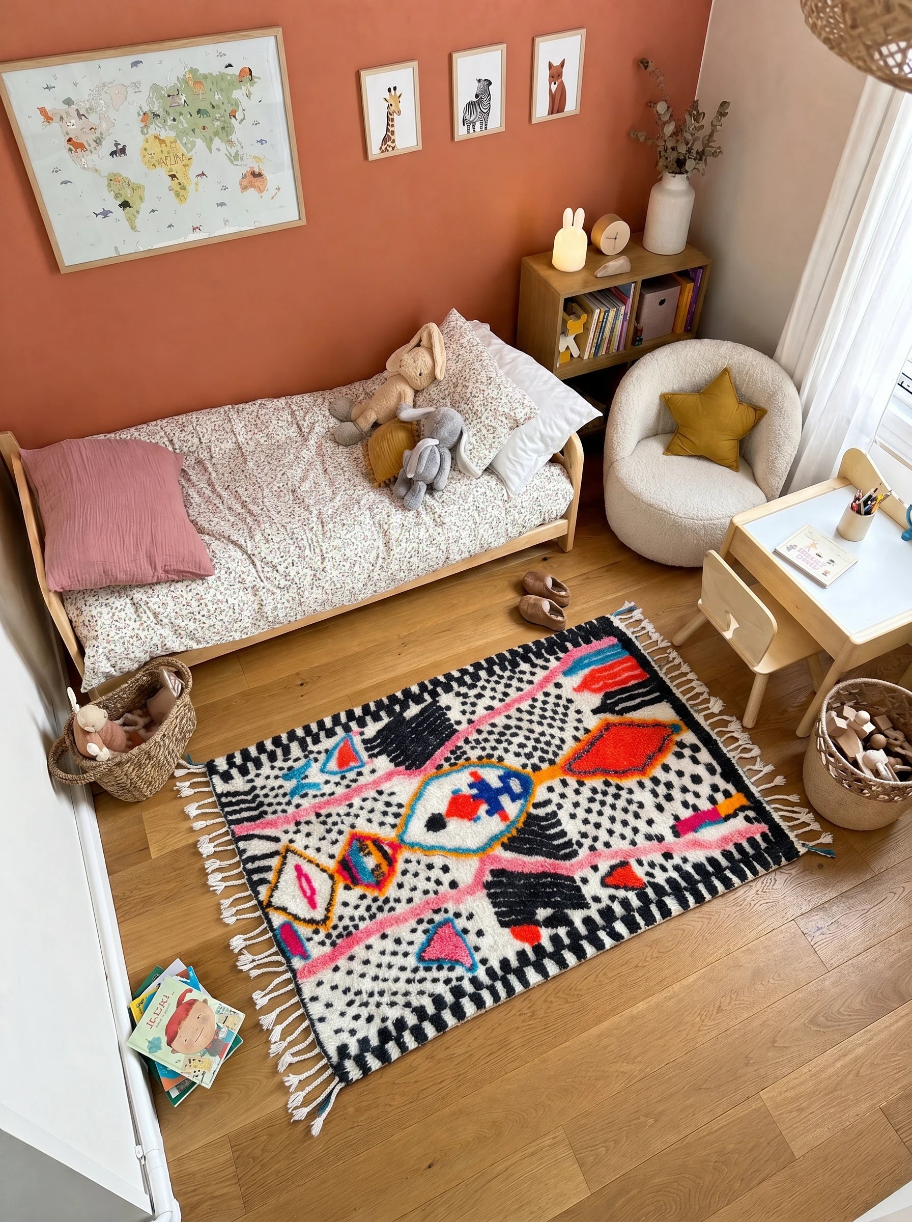 Tapis berbère coloré 125 x 201 cm en situation dans un salon, fait main en laine | Tamazi