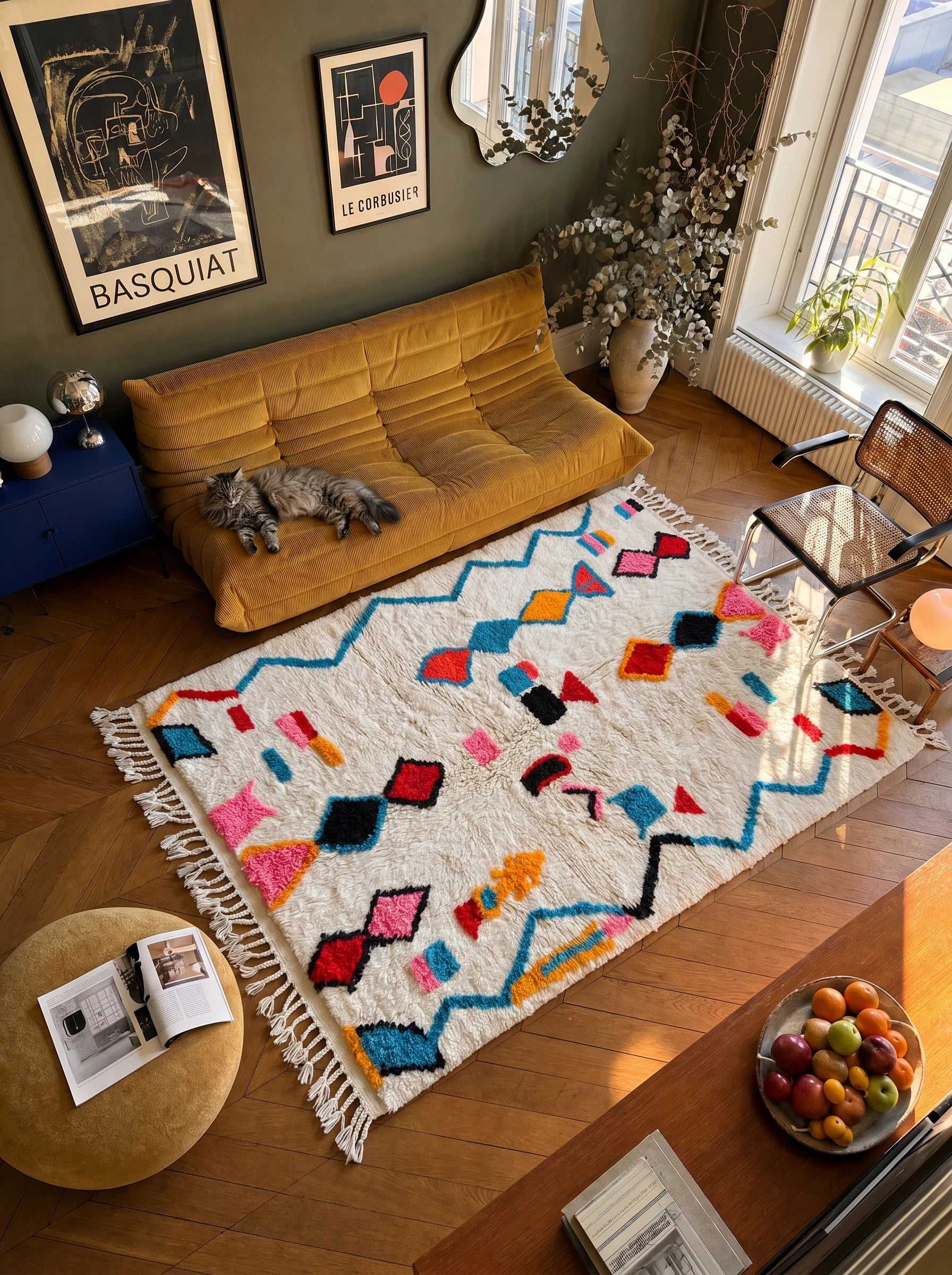 Tapis berbère coloré 137 x 250 cm en situation dans un salon, fait main en laine | Tamazi