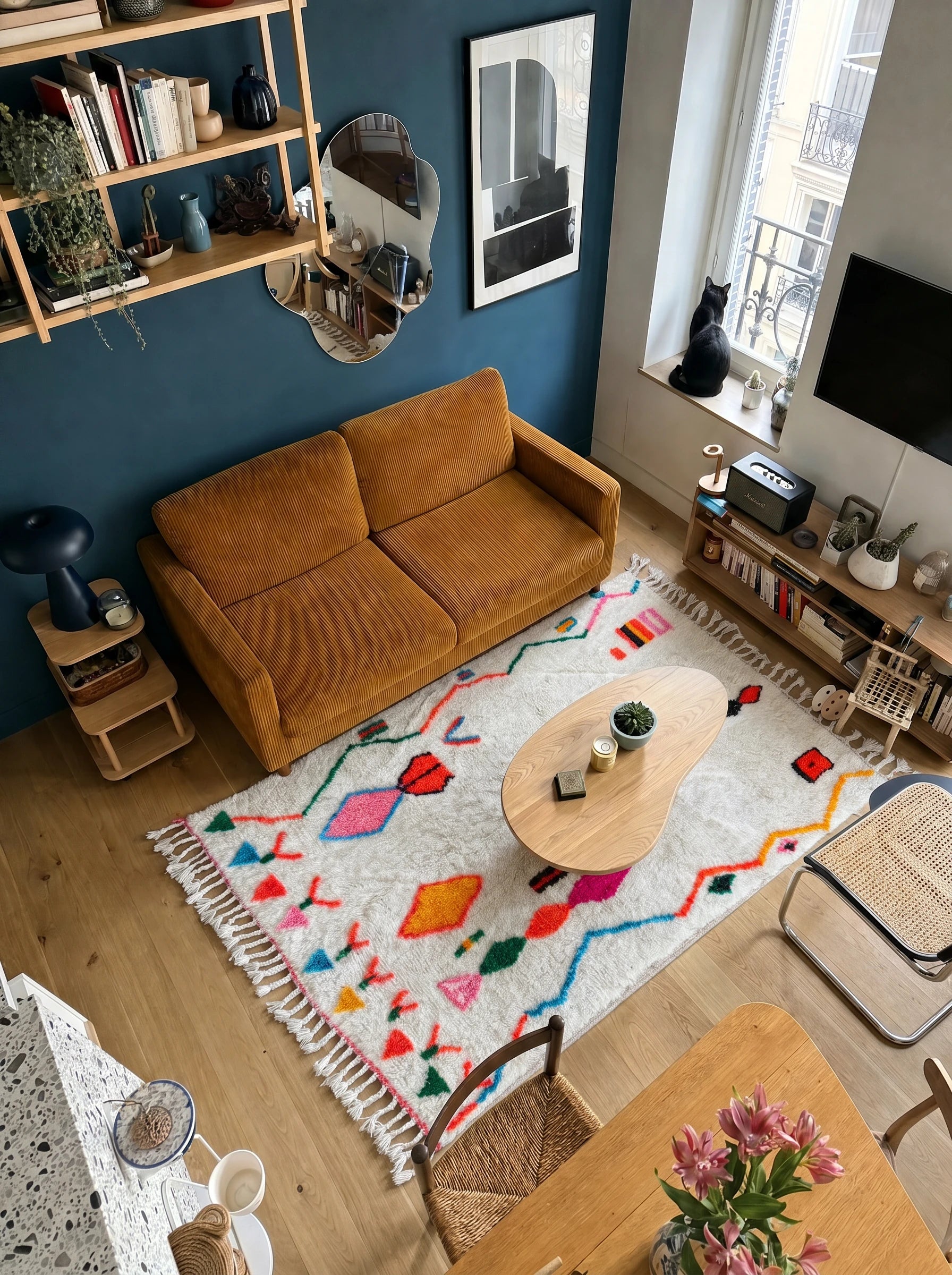 Tapis berbère coloré 142 x 225 cm en situation dans un salon, fait main en laine | Tamazi