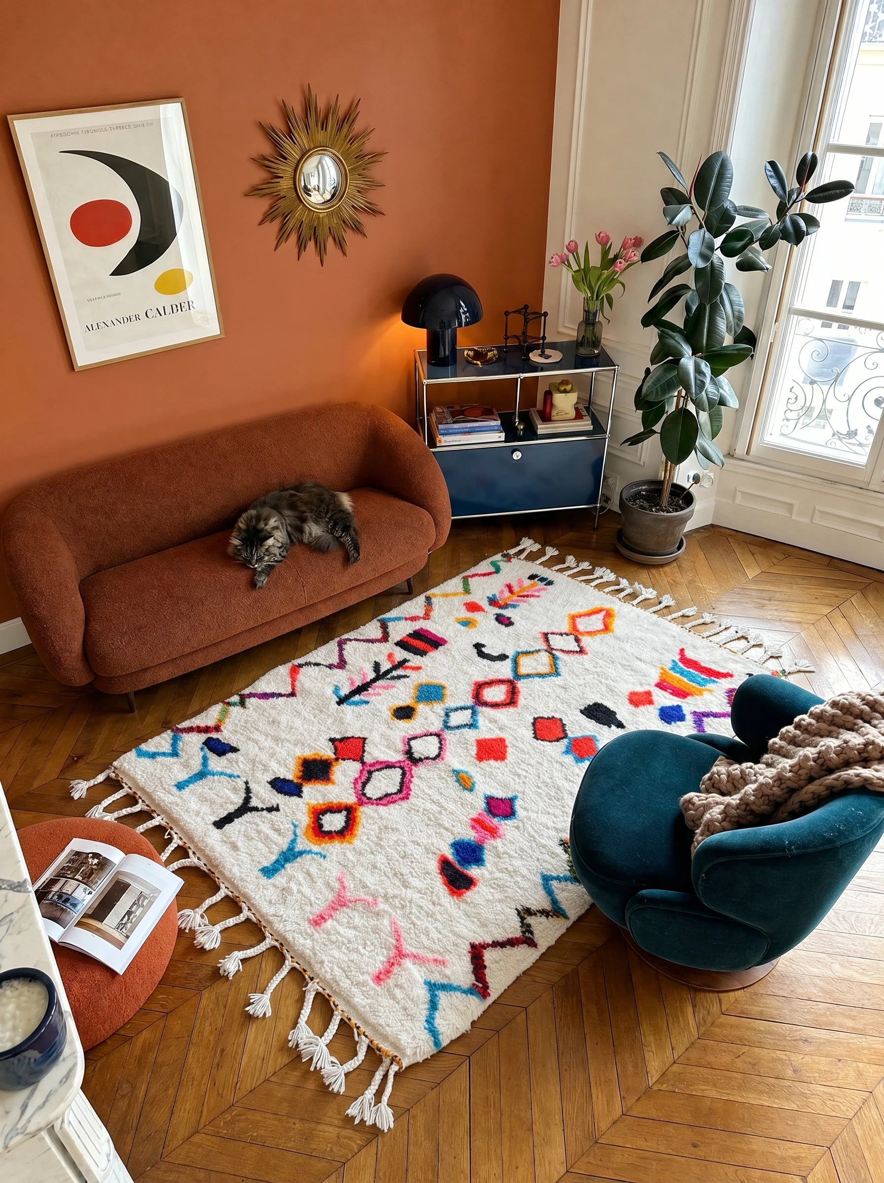 Tapis berbère coloré 142 x 240 cm en situation dans un salon, fait main en laine | Tamazi
