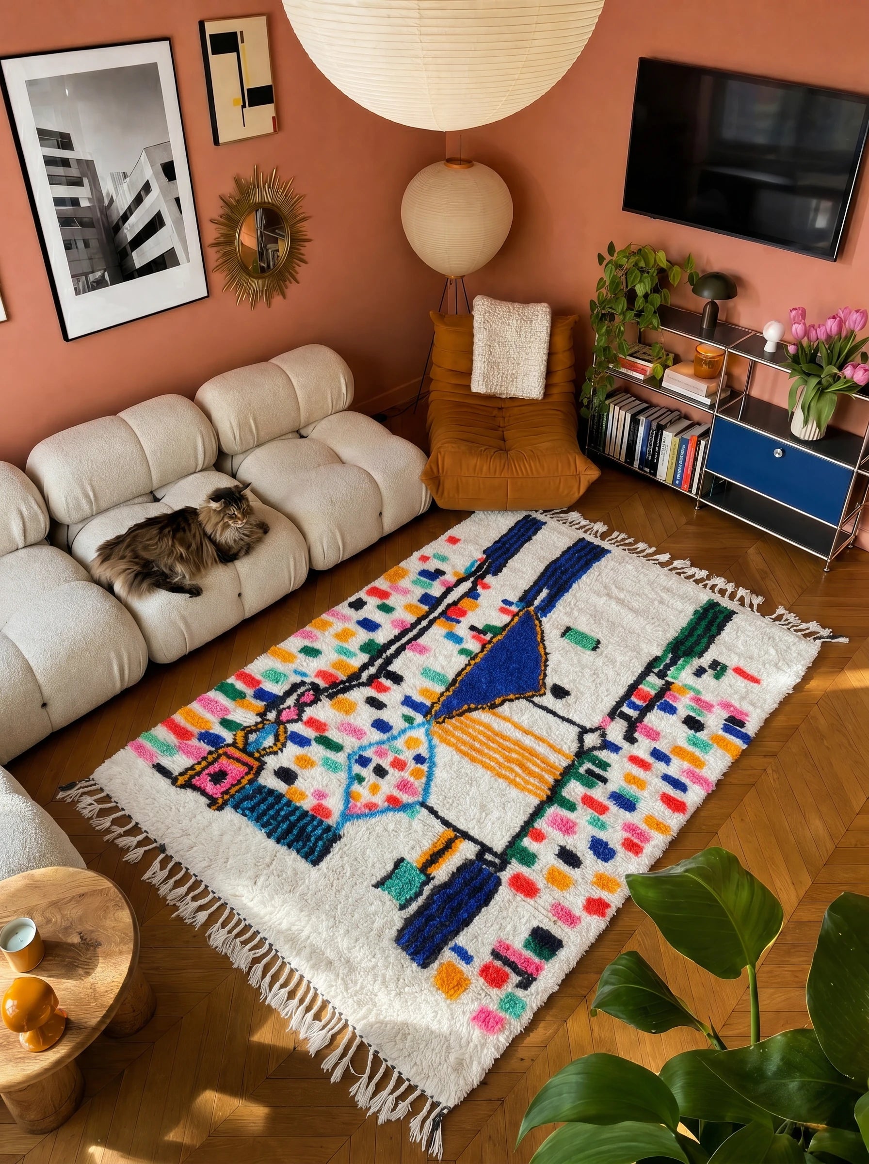 Tapis berbère coloré 153 x 267 cm en situation dans un salon, fait main en laine | Tamazi