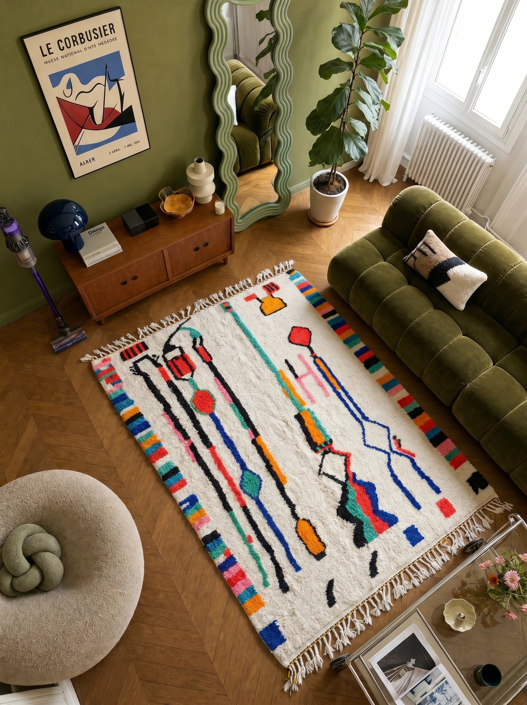 Tapis berbère coloré 155 x 277 cm en situation dans un salon, fait main en laine | Tamazi