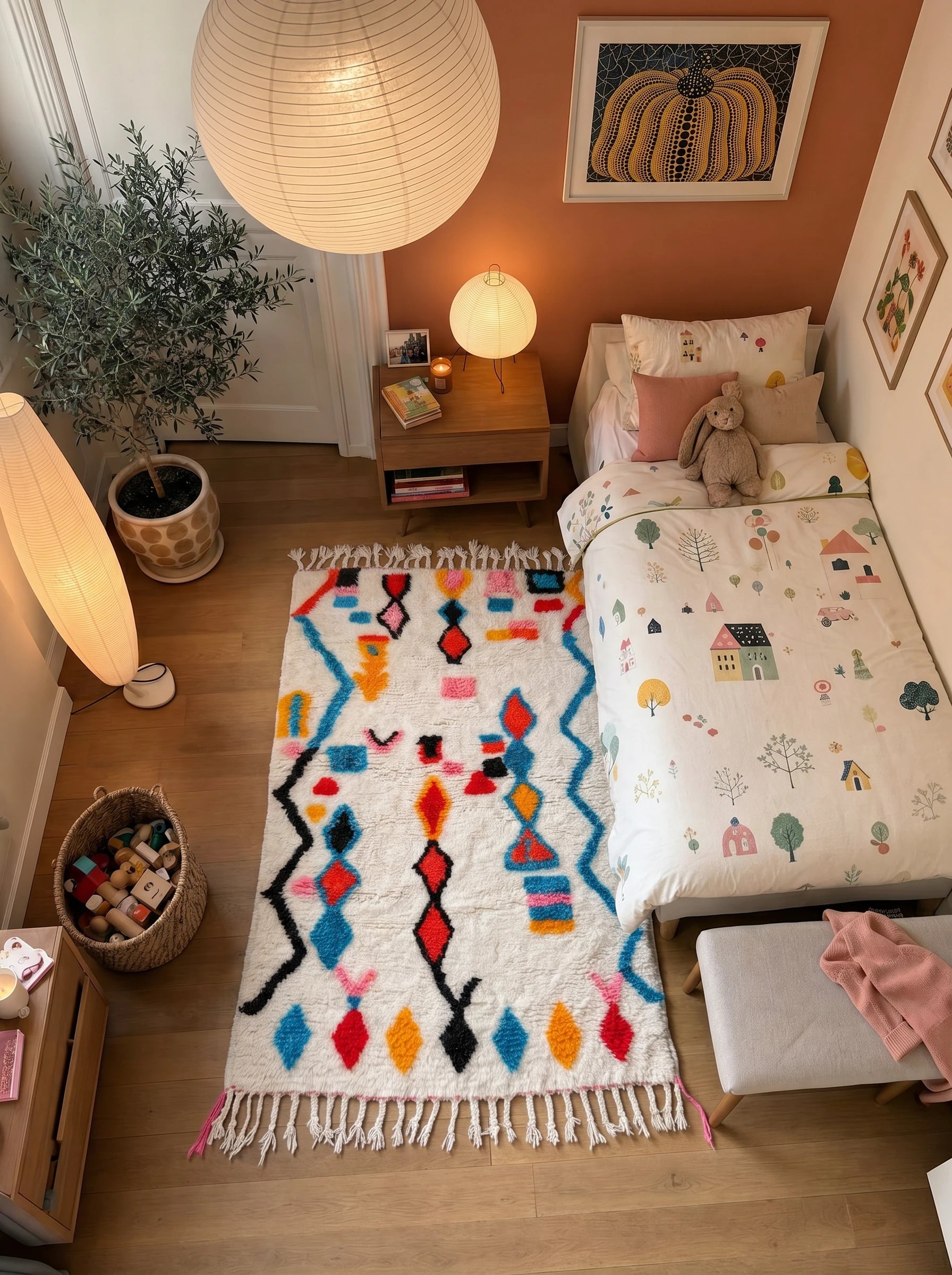Tapis berbère coloré 95 x 168 cm en situation dans un salon, fait main en laine | Tamazi
