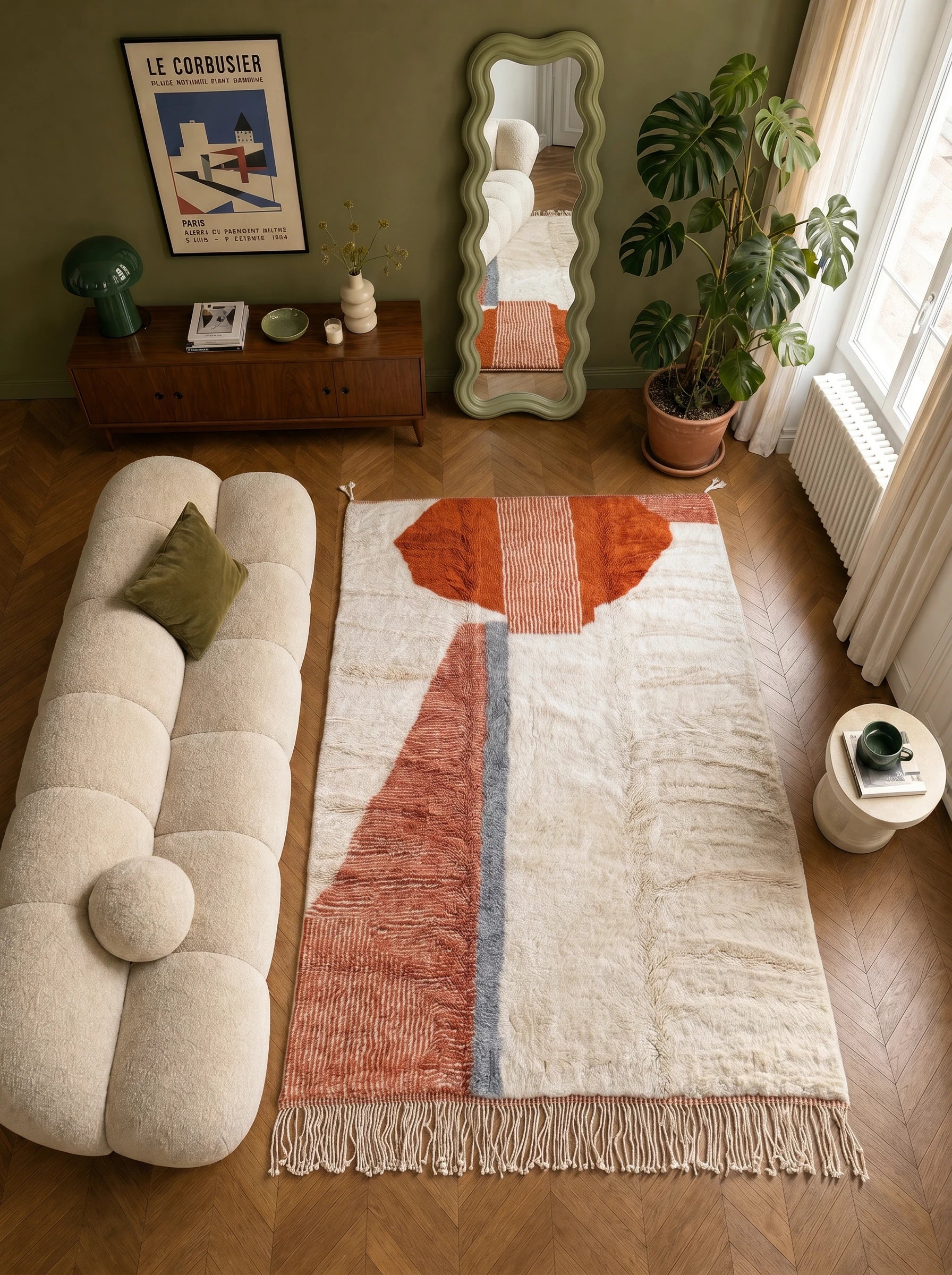Tapis M'rirt 196 x 296 cm, tapis berbère en situation dans un salon, fait main en laine | Tamazi