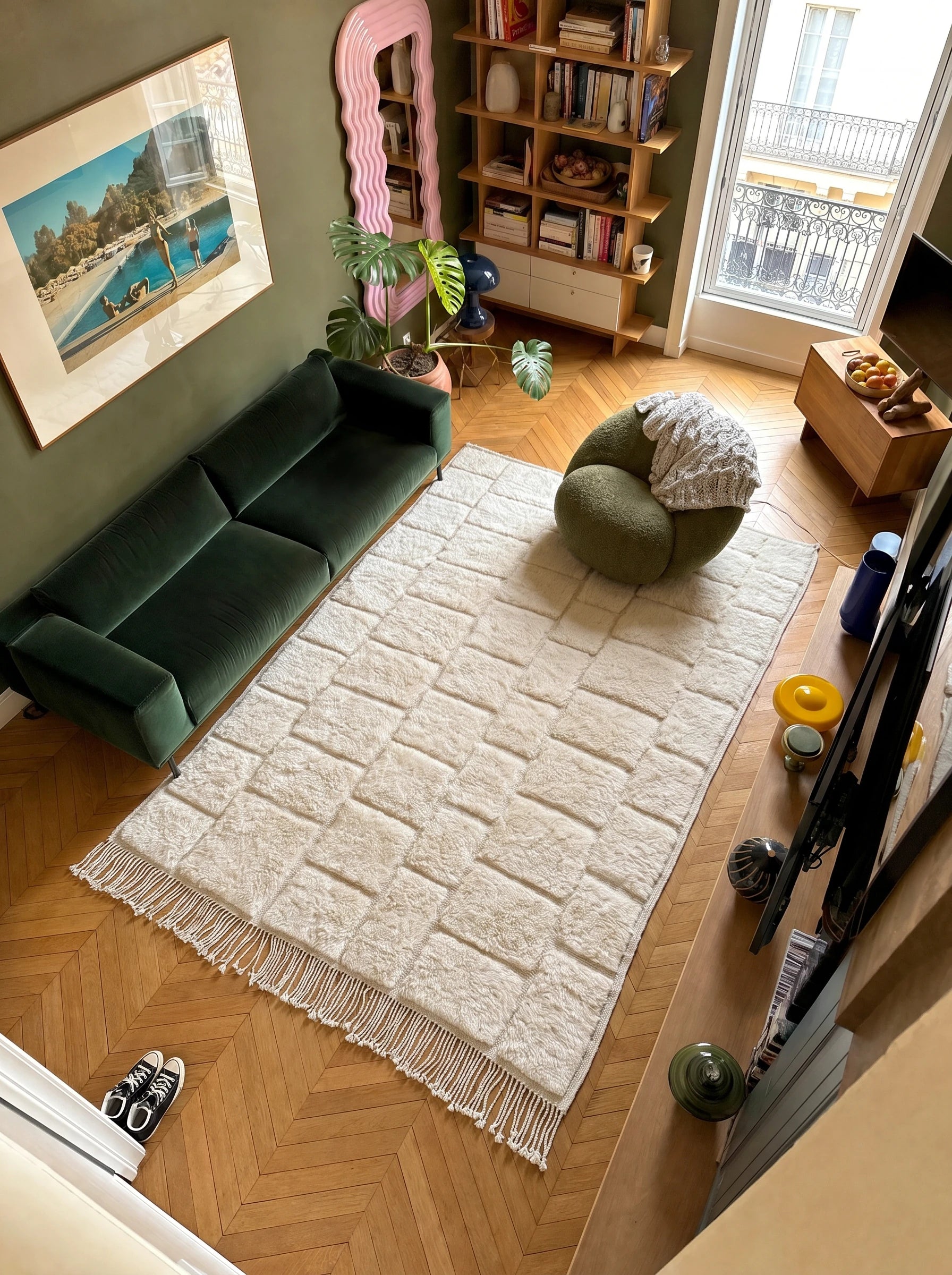 Tapis M'rirt 200 x 325 cm, tapis berbère en situation dans un salon, fait main en laine | Tamazi